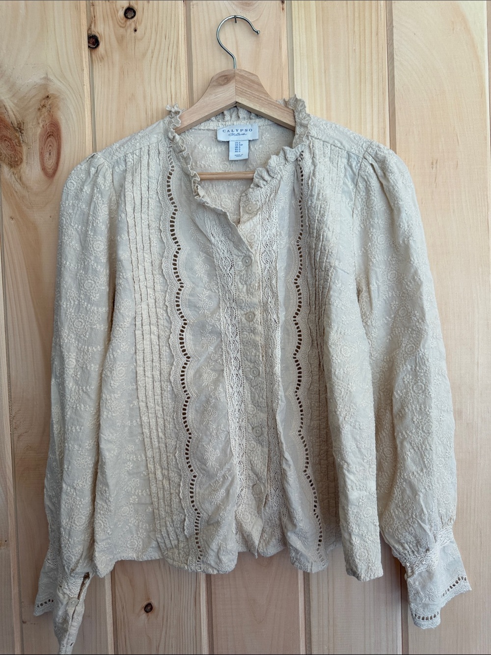 Calypso St Barth Embroidered Eyelet Lace Ruffle Blouse Cream Cotton Small EUC